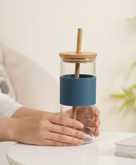 BambooBrew Glass Tumbler with Bamboo Straw (Blue)